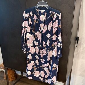 Diane Von Furstenberg Navy Floral Tie-Waist Midi Dress 100% Silk